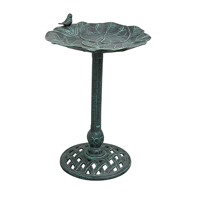 Decorative bird bath with leaf design on a white background