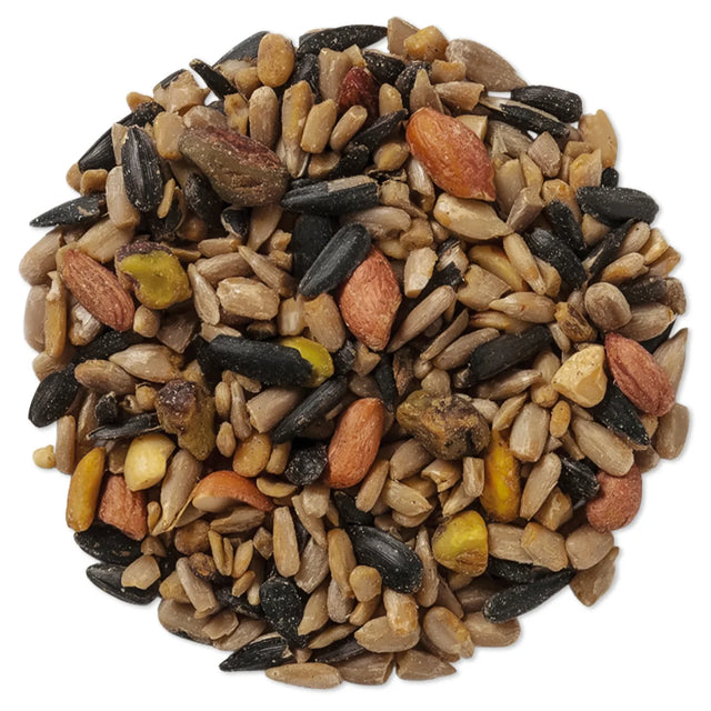 Wild Delight Sizzle N' Heat Wild Bird Seed, 5-lb bag, featuring a close-up of spicy chili seed mix with nuts, designed to attract birds and repel squirrels.