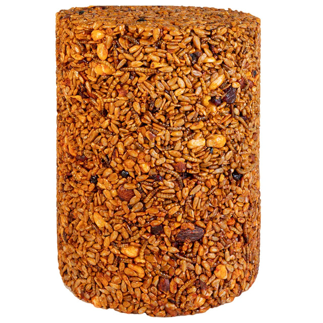 Sizzling Nuts & Bugs Cylinder Large: Dense seed block with sunflower kernels, peanuts, dried fruit, and mealworms, ideal for feeding wild birds and deterring squirrels.