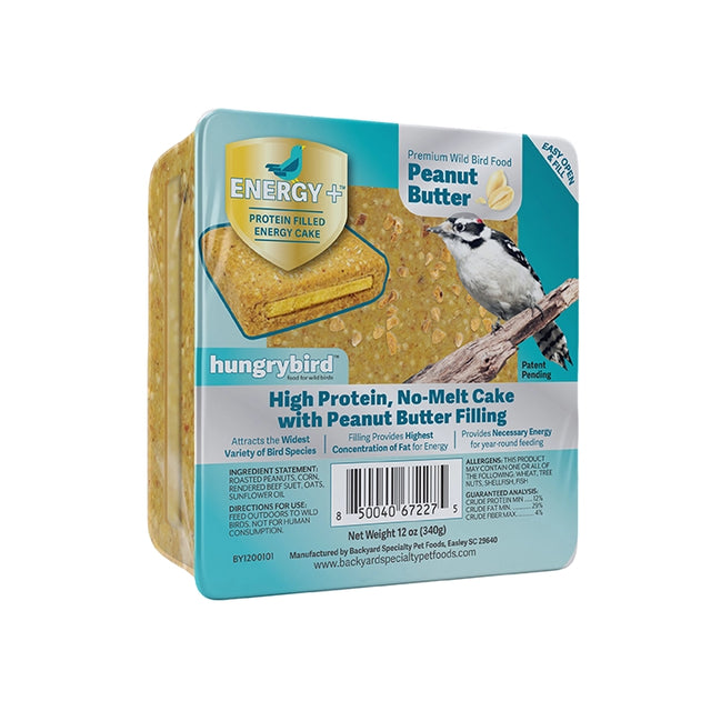 Energy+ Suet Cakes with Peanut Butter Filling, set of 12, featuring high-protein, no-melt suet, designed to energize backyard birds with essential nutrients.