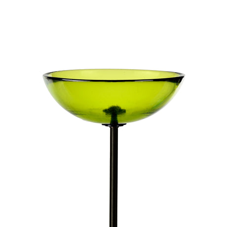 Mosaic Birds Poppy Stake Feeder Lime features a green glass dish on a black pole, ideal for bird feeding with a durable steel stake.